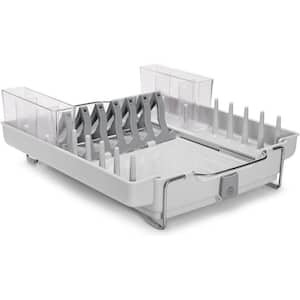 Large Capacity Plastic Foldaway Countertop Dish Rack with Divided Utensil Holders