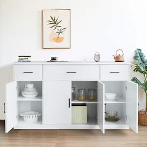 White Particle Board 56 in. Buffet Kitchen Storage Cabinet Sideboard with 4-Doors, 3-Drawers