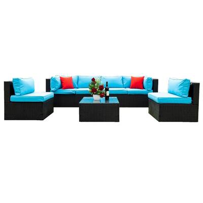 5-Piece Black Wicker Outdoor Sectional Set with Blue Cushions