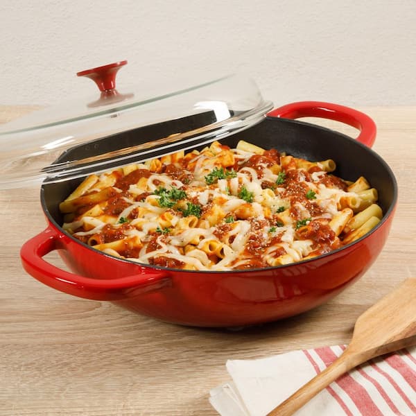 5 qt. Enameled Cast Iron Multi-Use Everday Pan With Borosilicate Lid in Red