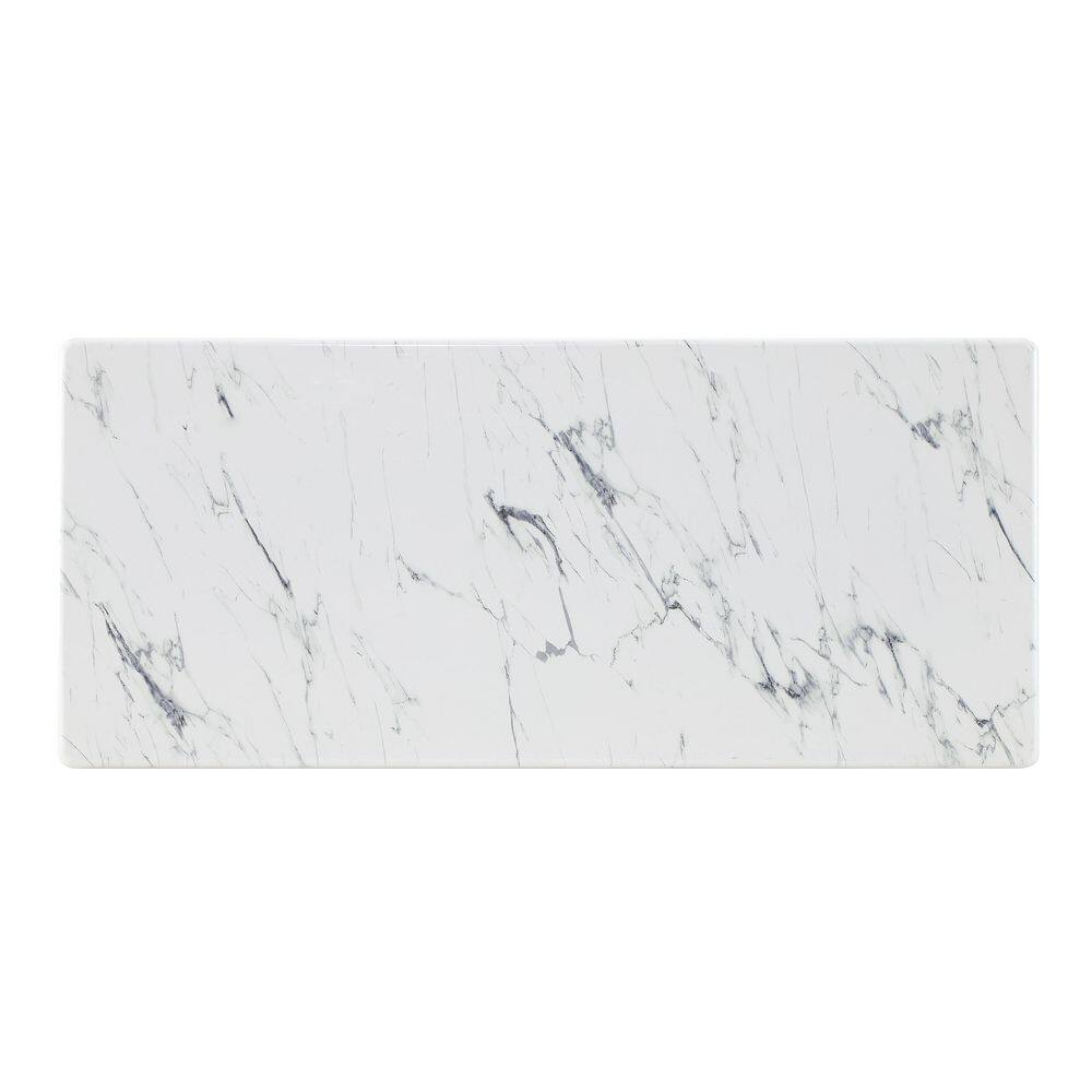 Close-up of a white faux marble surface with grey veining.