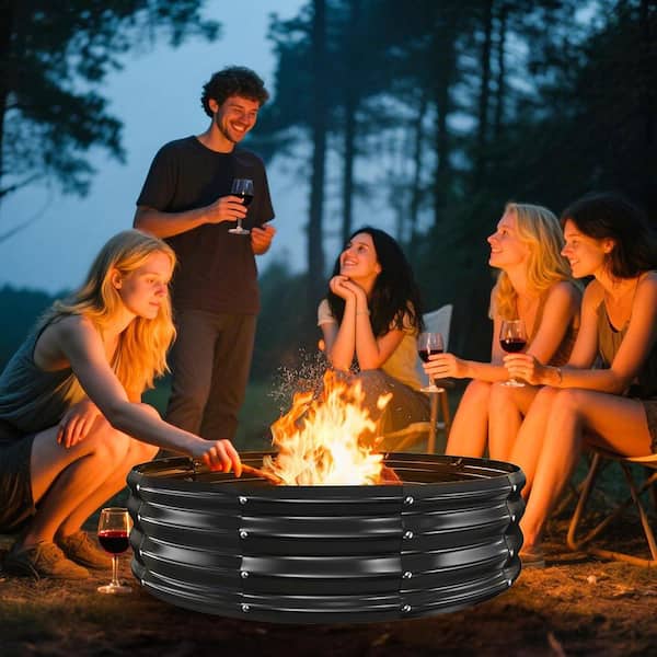 48 in. D x 12 in. H Round Galvanized Steel Wood Burning Fire Pit Kit in Black with Heat-Resistant Safety Edge Design
