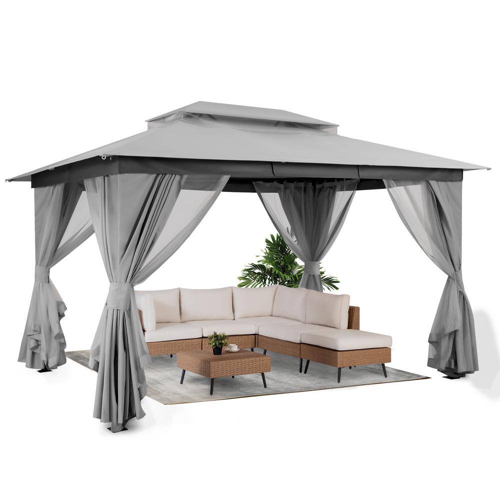 Gray 10'x13' Steel Patio Gazebo with Double Roof and Mosquito Netting