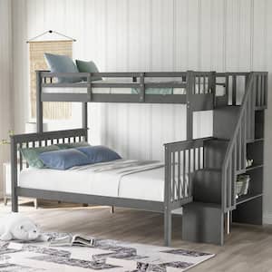 Gray Color Stairway Twin-Over-Full Bunk Bed with Storage and Guard Rail for Bedroom