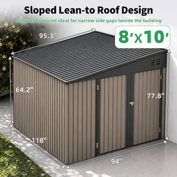 8 ft. W x 10 ft. D Outdoor Metal Lean to Shed Garden Storage Cabinet with Lockable Door in Grey (80 sq. ft. )