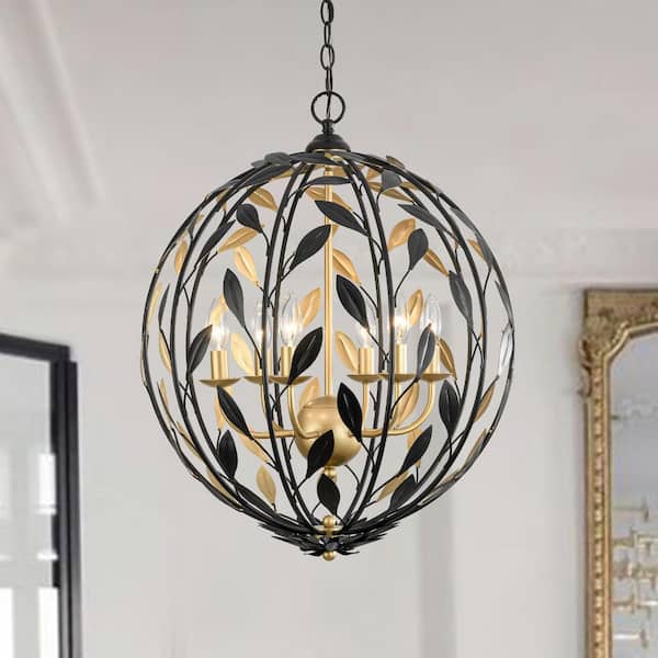 Marie 6-Light Matte Black Farmhouse Leaf Chandelier Ceiling Hanging Light for Foyer, Globe Pendant Lighting Fixture