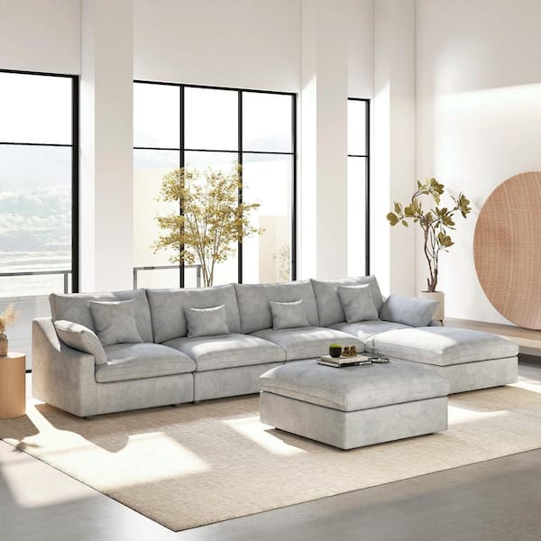 156 in. Square Arm Oversized Deep Seat Linen 6-Piece U-Shaped Modular Sectional Sofa with Storage Ottoman in Gray