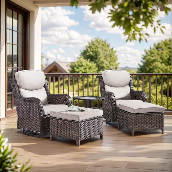Bellefurn Smiley Brown 5-Piece Wicker Patio Conversation Set with 5 in. Thick Beige Cushions Outdoor Swivel Chair Set with Ottoman