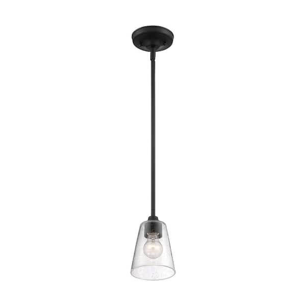 SATCO Bransel 60-Watt 1-Light Matte Black Shaded Mini-Pendant Light with Clear Seeded Glass Shade and No Bulbs Included