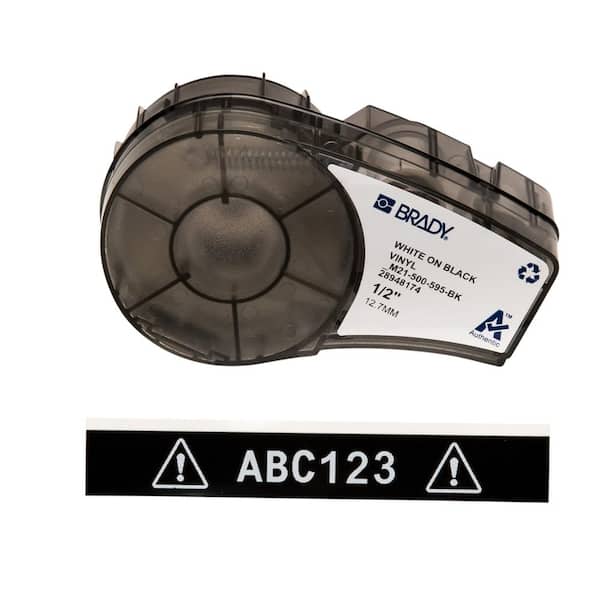 Brady BMP21 Series Label Cartridge 0.5 in. W x 21 ft. L B595 Indoor/Outdoor Vinyl Cartridge, White on Black Labels