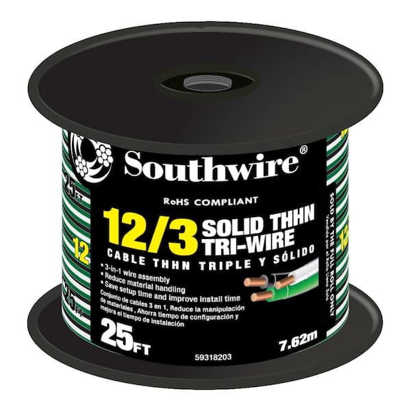 25 ft. 12/3 Black/White/Green Solid CU THHN Tri-Wire
