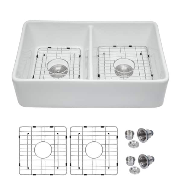 32 in White Ceramic Farmhouse Apron Front Double Bowl Kitchen Sink R10 Round Corners Complete with Grids