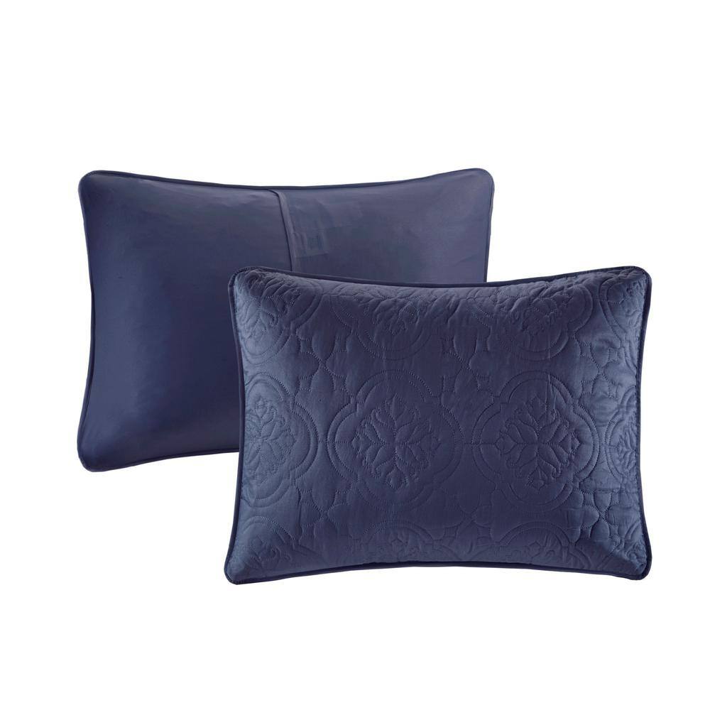 Navy King-Size Reversible Microfiber Bedspread Set with Classic Stitch