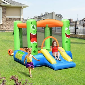 Multi-Color Inflatable Bounce House Jumper Castle Kids Playhouse with Basketball Hoop and Slide