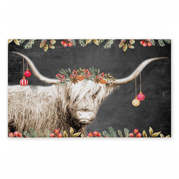 Highland Christmas Cattle Gray 18 in. x 30 in. Polyester Non-Slip Outdoor Door Mat