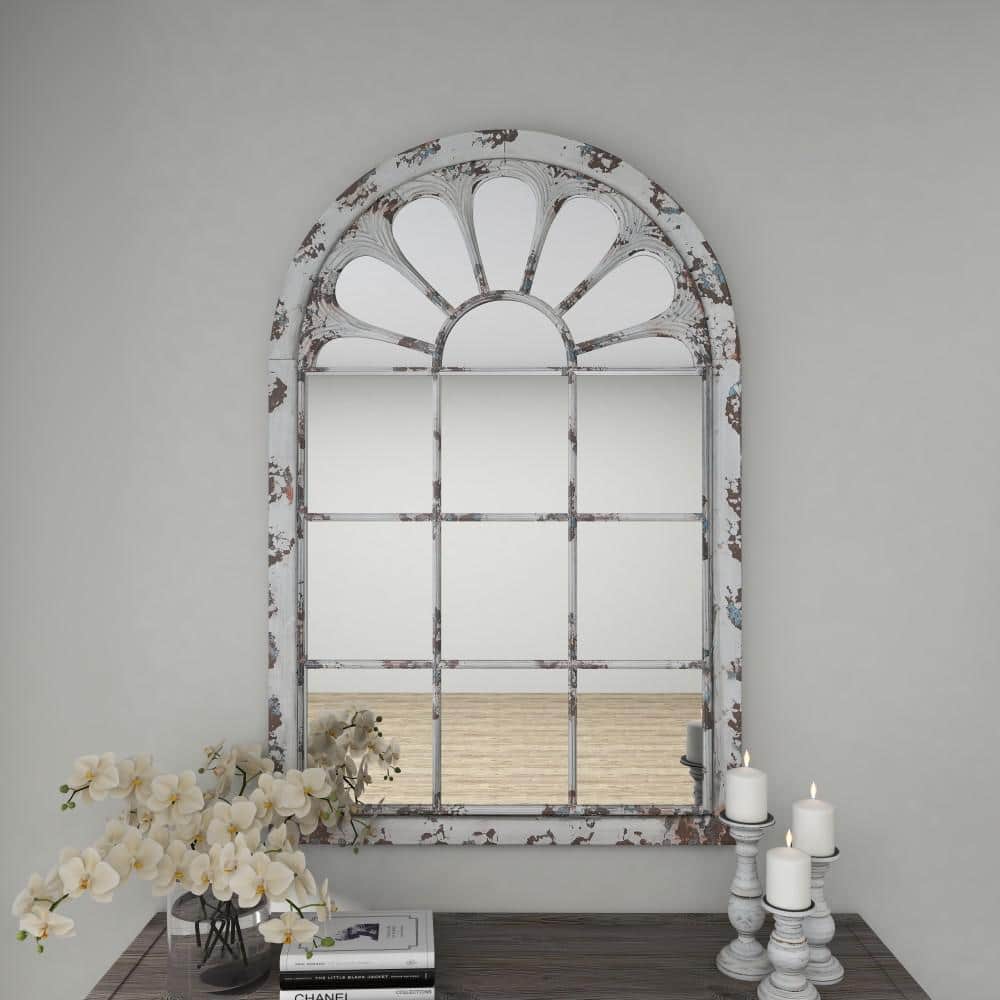 White Distressed Wood Arched Windowpane Wall Mirror