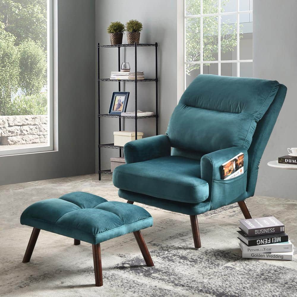 Recliner Sofa Chair with Ottoman, Leisure Upholstered Chair with Footrest  for Small Space, Lazy Chair Velvet Corner Chair with Metal Leg, Dark Green