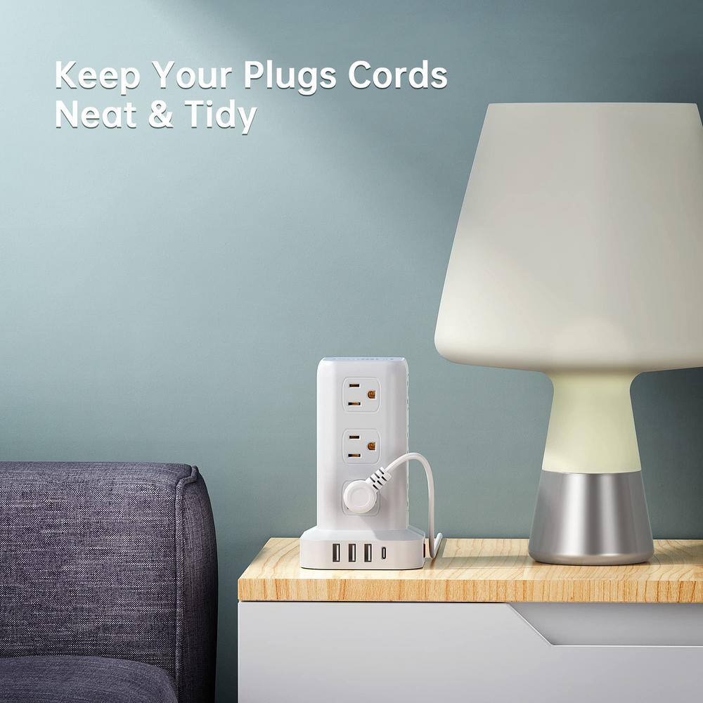 White 16-in-1 Tower Power Strip with USB-C and 6.5 ft Cord