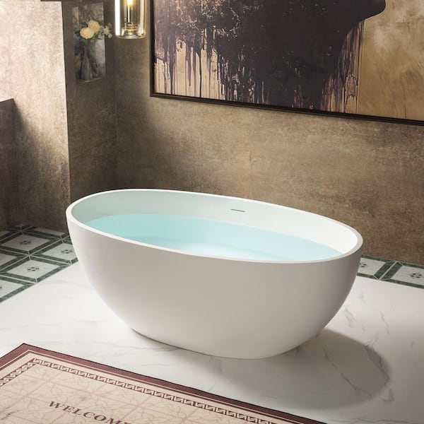 55 in. L x 30.75 in. W Luxury Solid Surface Stone Resin Freestanding Soaking Bathtub with Center Drain in Matte White