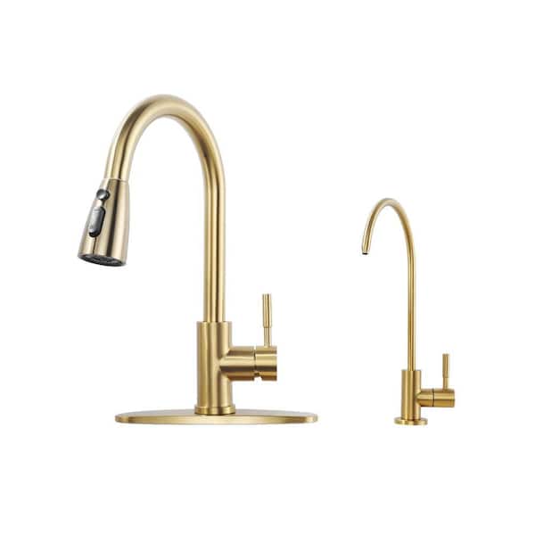Single Handle Pull Down Sprayer Kitchen Faucet and Beverage Faucet in Gold