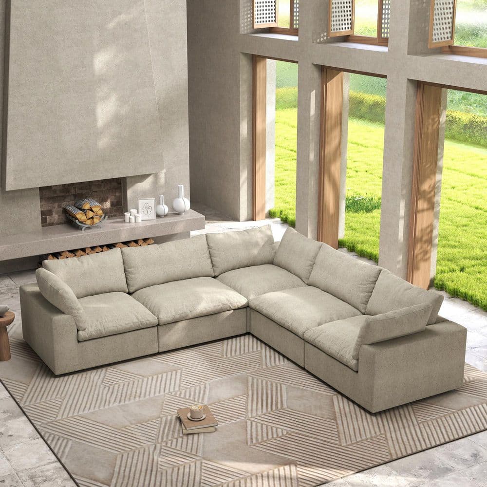 120.45 in. W Square Arm Linen Modular 5-Pieces Free Combination Sofa in Brown