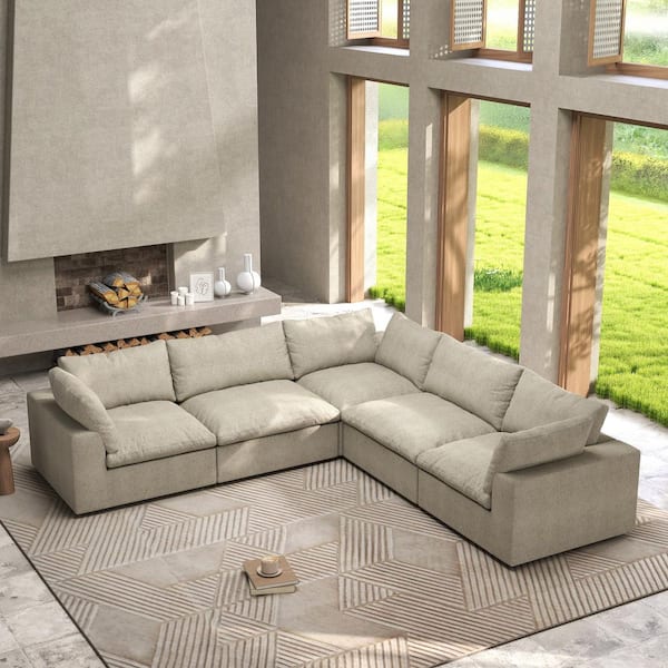 J&E Home 120.45 in. W Square Arm Linen Modular 5-Pieces Free