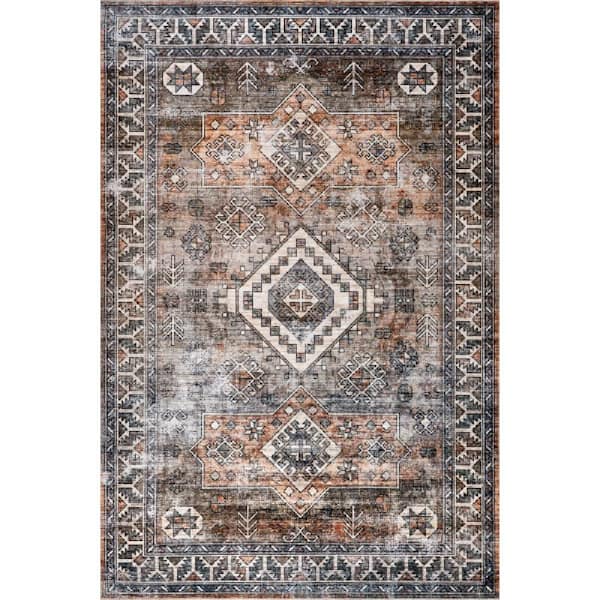 Faded 4 ft. x 6 ft. Geometric Spill Proof Washable Rust Indoor Area Rug