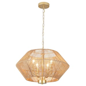 4-Light Gold Bohemian Geometric Dimmable Chandelier with Rattan Cage Shade