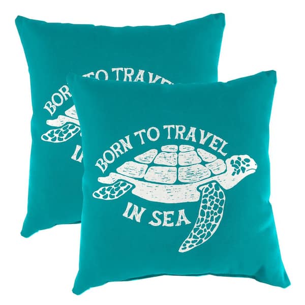 Jordan Manufacturing 16 in. L x 16 in. W x 4 in. T Square Outdoor Throw Pillow in Born to Travel Turtle (2-Pack)