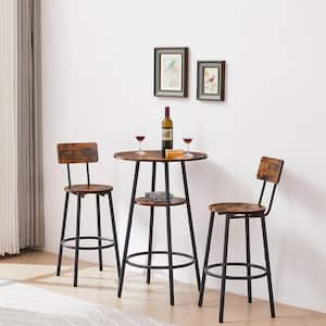 35.43 in. Brown Round Metal Frame Bar Stool Set with PU Soft Seat, Stool with Backrest (Set of 3)