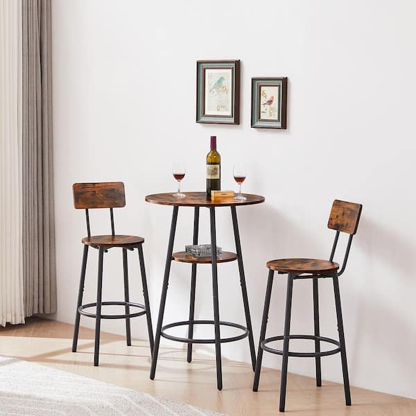 Unbranded 35.43 in. Brown Round Metal Frame Bar Stool Set with PU Soft Seat, Stool with Backrest (Set of 3)