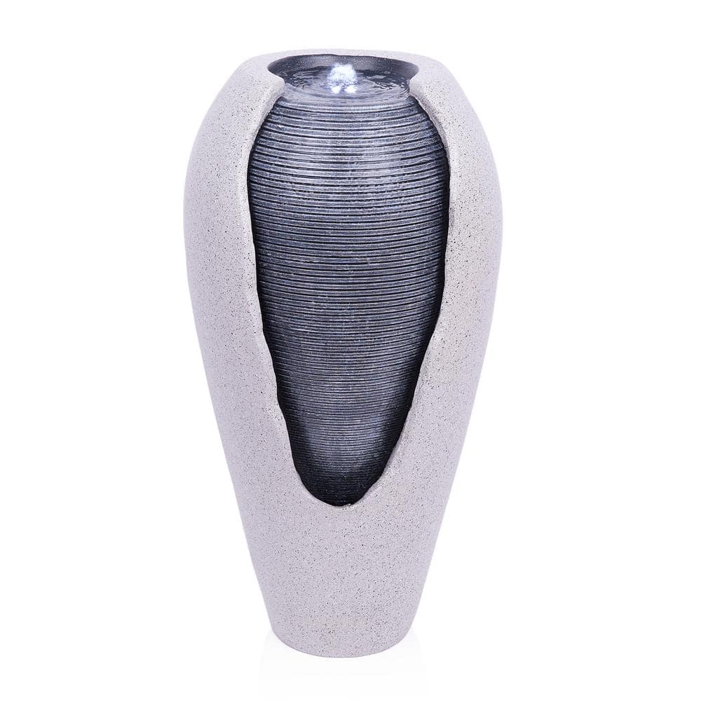 DIG416 2-Tone Ribbed Jar Floor Fountain with LED Lights - Elegant Indoor/Ou