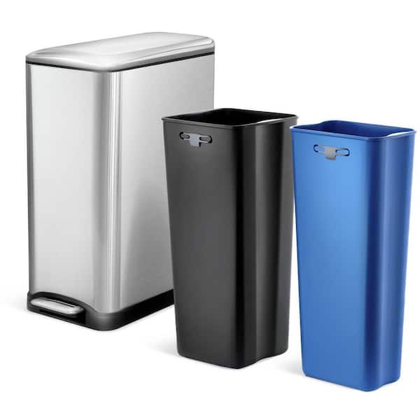 13 Gallon Dual Compartment Stainless Steel Kitchen Trash Can with Step Pedal and Soft Close Lid, Silver