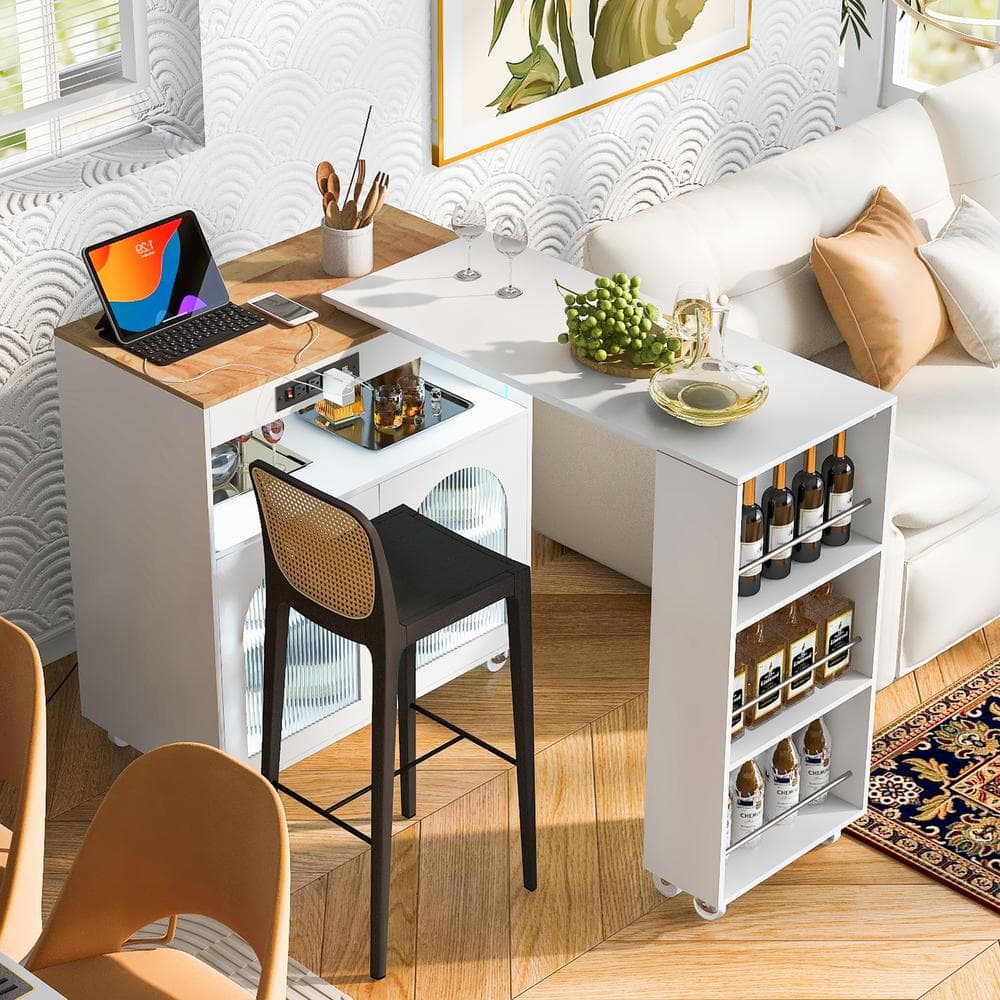 White Rubberwood 33.2 in. Kitchen Island with Extended Table LED Lights Pow
