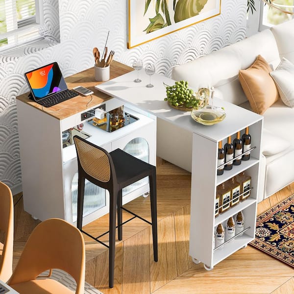 Unbranded White Rubberwood 33.2 in. Kitchen Island with Extended Table LED Lights Power Outlets 2 Fluted Glass Doors Open Shelve