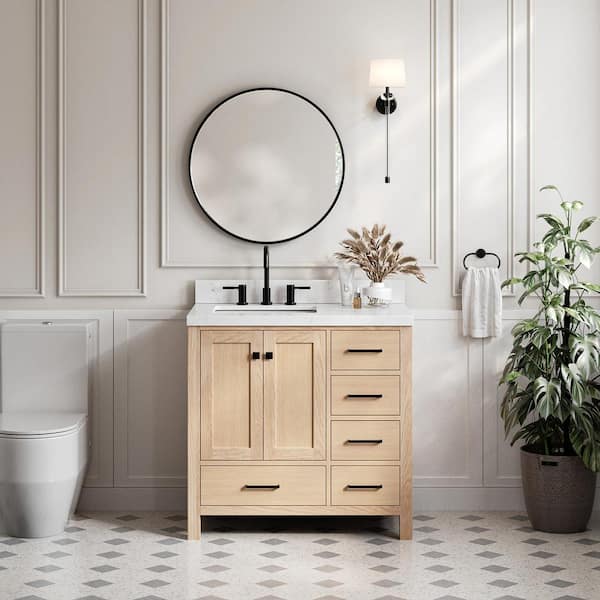 ARIEL Cambridge 36 in. W x 22 in. D x 36 in. H Single Rectangle Sink Bath Vanity in Oak with Carrara White Quartz Top