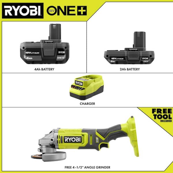 ONE+ 18V Lithium-Ion Kit with 2.0 Ah and 4.0 Ah Batteries, Charger, and ONE+ 18V Cordless 4-1/2 in. Angle Grinder