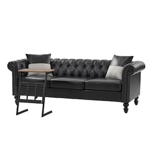 Felisa Traditional 84.5" Wide Button-tufted Leather Sofa with End Table and Gourd-shaped Solid Wood Legs-Black