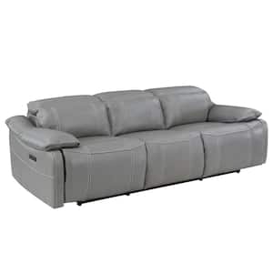 Alpine 90.5 in. Wide Pillowtop Round Arm Leather Modern Straight Dual Power Reclining Sofa in Gray