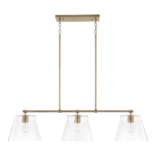 Baker 44.5 in. W x 10 in. H 3-Light Aged Brass Linear Chandelier with Clear Seeded Glass