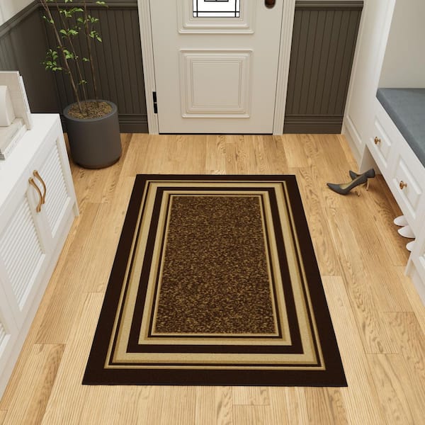 Ottohome Collection Non-Slip Rubberback Bordered Design 3x5 Indoor Area Rug, 3 ft. 3 in. x 5 ft., Dark Brown