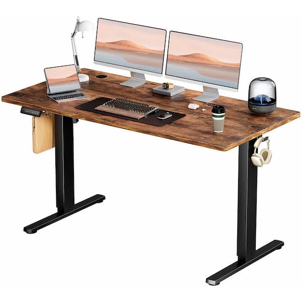 55 in. Rectangular Brown Wood Electric Standing Desk with Hooks and Wire Holes