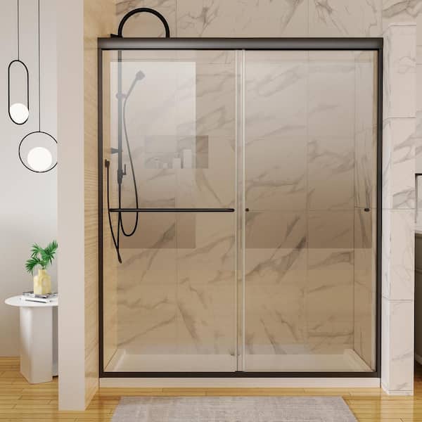 WELLFOR 60 in. W x 72 in. H Double Sliding Framed Shower Door in Matte Black with 6 mm Clear Glass