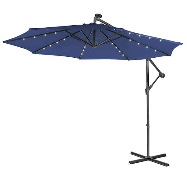 Costway 10 ft. Steel Cantilever Solar Powered 32 LED Lighted Patio Umbrella in Navy