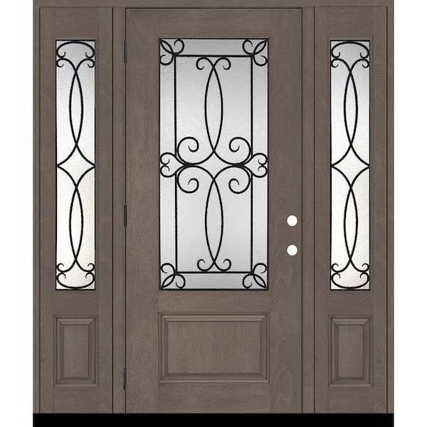 Steves & Sons Regency 68 in. x 80 in. Georgian Decorative Glass RHOS 3/4Lite Ashwood Mahogany Fiberglass Prehung Front Door w/14in.SLs