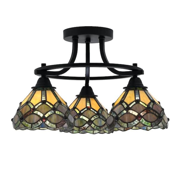 Unbranded Madison 3-Light Semi-Flush Shown In Matte Black Finish With 17.5 in. Grand Merlot Art Glass