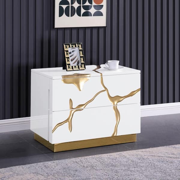 Eclipse 2-Drawer White Modern Nightstand with Gold