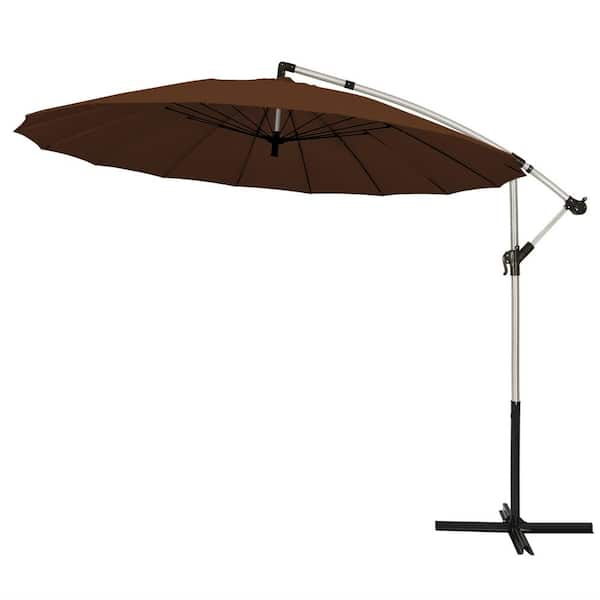 HONEY JOY 10 ft. Aluminum Cantilever Outdoor Offset Hanging Market Umbrella Patio Umbrella with Crank and Cross Base Tan