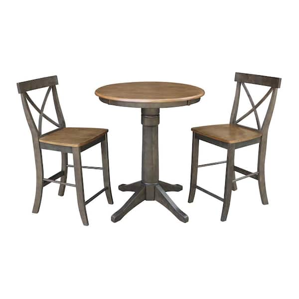 International Concepts Olivia 3-Piece 30 in. Hickory/Coal Round Solid Wood Counter Height Dining Set with X-Back Stools