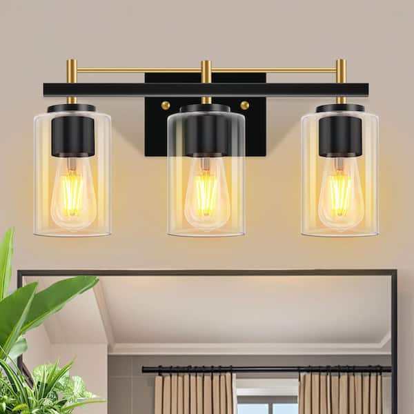 GMGSROM 17.32 in. 3-Light Matte Black & Gold Modern Vanity Light with Clear Glass Shade
